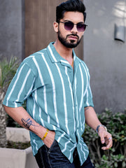 Popcorn Knit Vertical Stripe Blue Half Sleeve Shirt