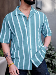 Popcorn Knit Vertical Stripe Blue Half Sleeve Shirt
