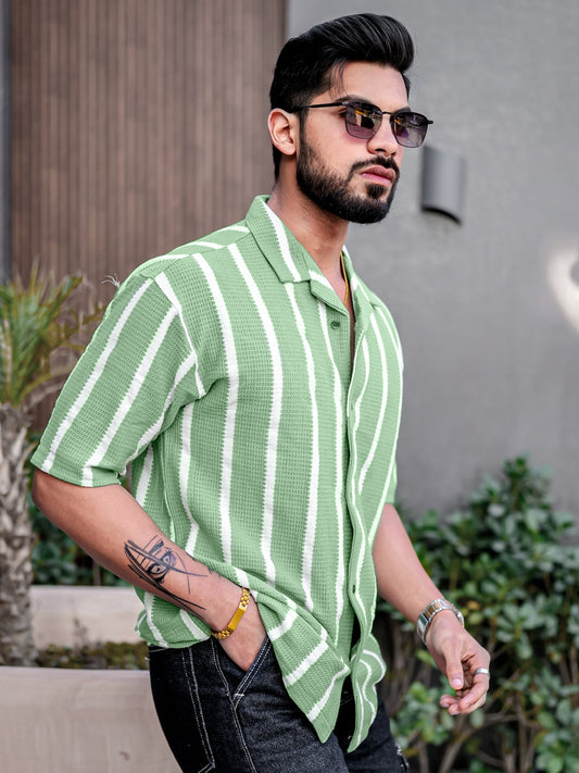 Popcorn Knit Vertical Stripe Green Half Sleeve Shirt