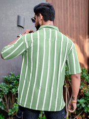 Popcorn Knit Vertical Stripe Green Half Sleeve Shirt