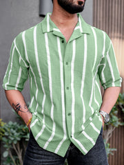 Popcorn Knit Vertical Stripe Green Half Sleeve Shirt