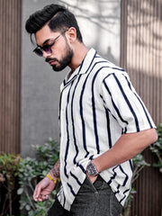Popcorn Knit Vertical Stripe White Half Sleeve Shirt