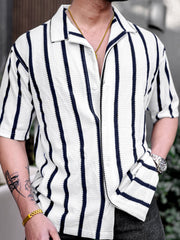 Popcorn Knit Vertical Stripe White Half Sleeve Shirt