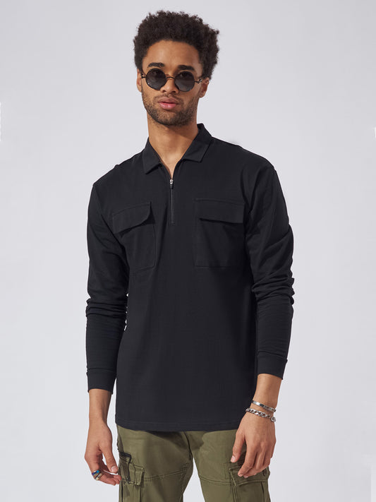 Cargo Pocket Black Zipper Full Sleeve Polo T-Shirt