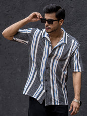 Striped Charcoal Grey Half Sleeve Shirt