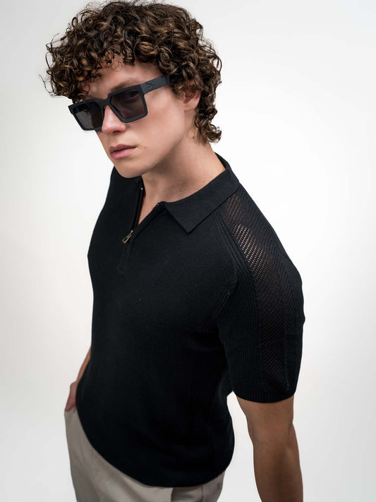Luxe Knit Black Half Sleeve Polo Tshirt
