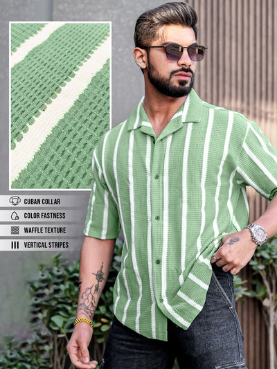 Popcorn Knit Vertical Stripe Green Half Sleeve Shirt