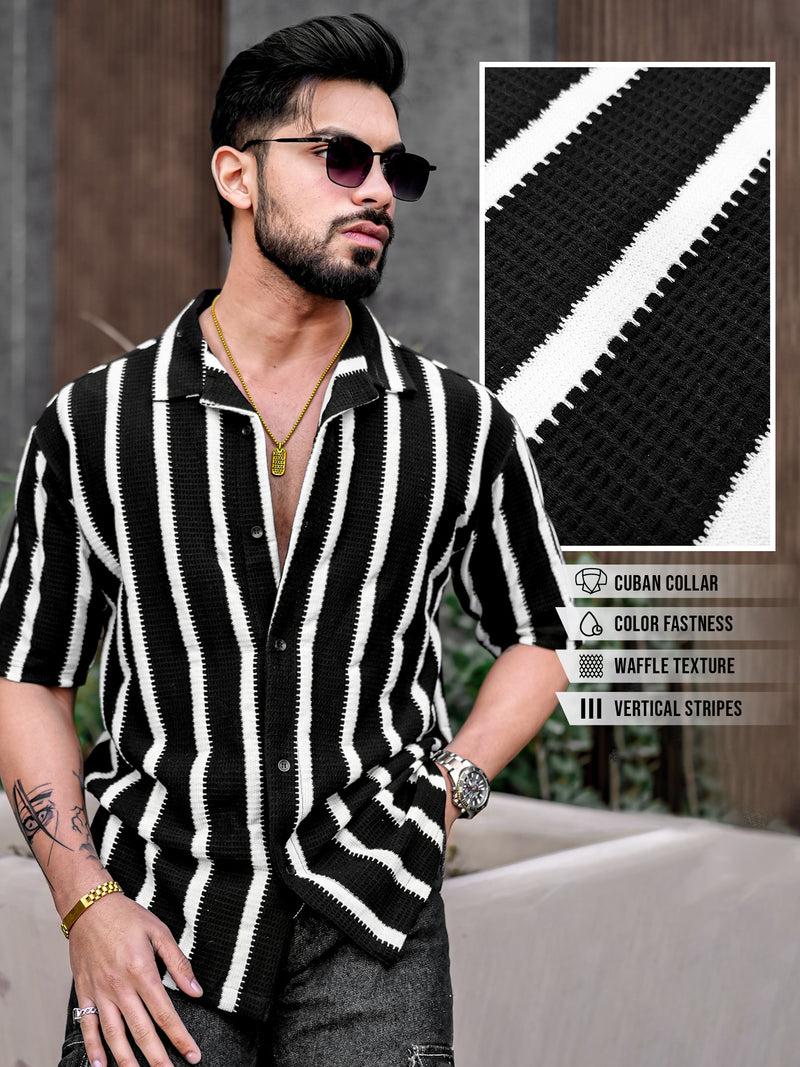 Popcorn Knit Vertical Stripe Black Half Sleeve Shirt