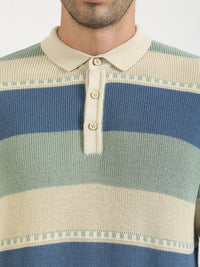 Monaco Stripe Flat-Knit Half Sleeve Polo T-Shirt – Cream & Denim Blue
