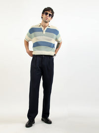 Monaco Stripe Flat-Knit Half Sleeve Polo T-Shirt – Cream & Denim Blue