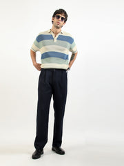 Monaco Stripe Flat-Knit Half Sleeve Polo T-Shirt – Cream & Denim Blue