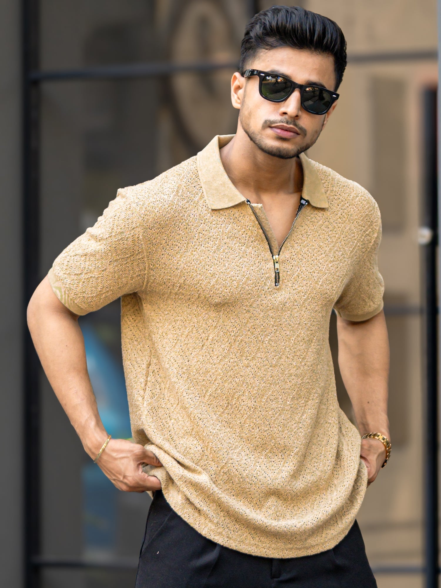 Croshia knit Beige Polo T-Shirt