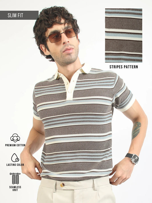 Brown Flat-Knit Half-Sleeve Polo T-Shirt with Signal Stripe