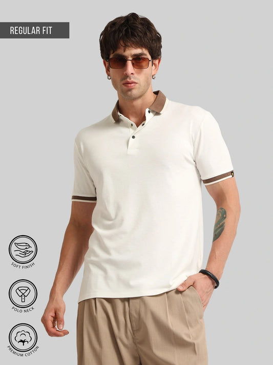 Contrast Collar Cream Half Sleeve Polo T-Shirt