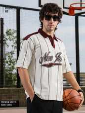 New York Stripes Cream Half Sleeve Polo T-Shirt