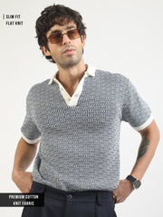 Maze Jacquard Flat-Knit Polo T-Shirt – Cream & Dark Navy