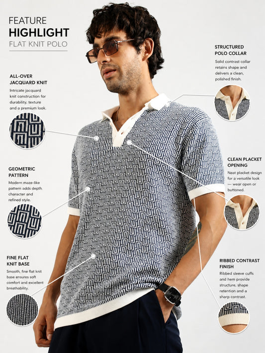 Maze Jacquard Flat-Knit Polo T-Shirt – Cream & Dark Navy