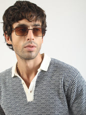 Maze Jacquard Flat-Knit Polo T-Shirt – Cream & Dark Navy