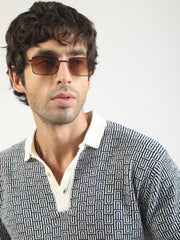 Maze Jacquard Flat-Knit Polo T-Shirt – Cream & Dark Navy