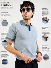 Denim Blue Pixel Stripe Flat-Knit Half Sleeve Polo T-Shirt