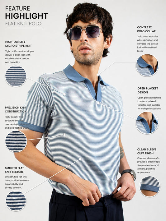 Denim Blue Pixel Stripe Flat-Knit Half Sleeve Polo T-Shirt