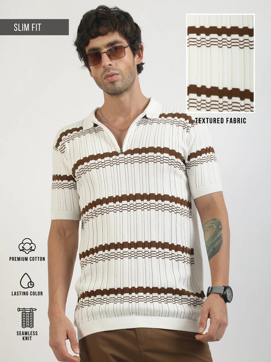 Dimensional Flatknit Cotton White & Brown Half Sleeve Polo T-Shirt