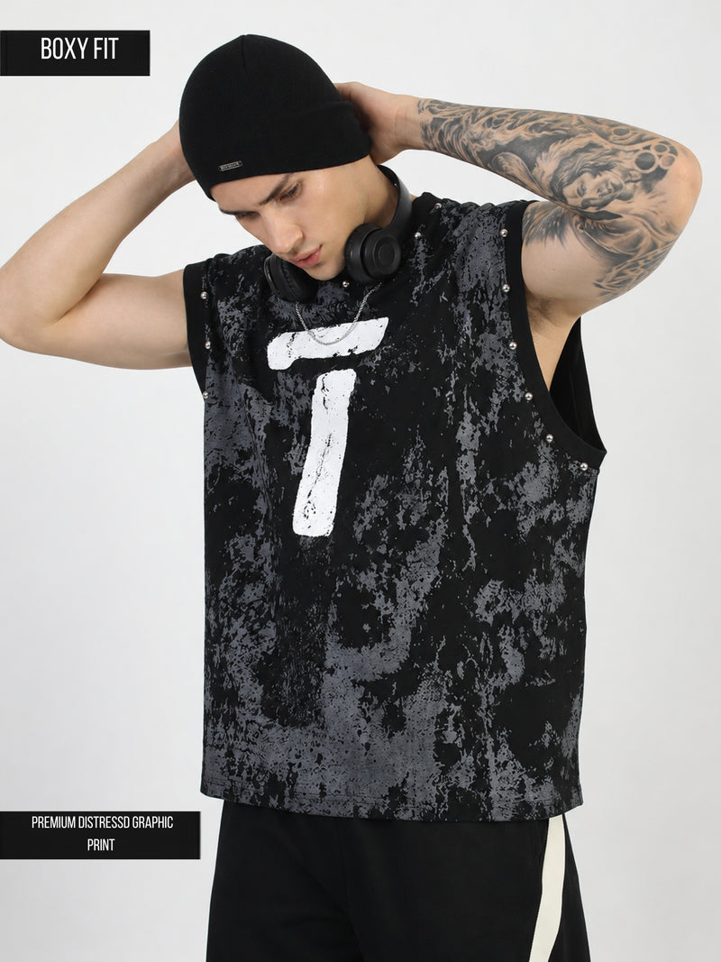 Grunge Print Black Sleeveless T-Shirt