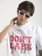 Don't Care White, Pink Half Sleeve T-Shirt