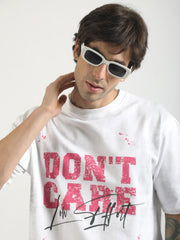 Don't Care White, Pink Half Sleeve T-Shirt