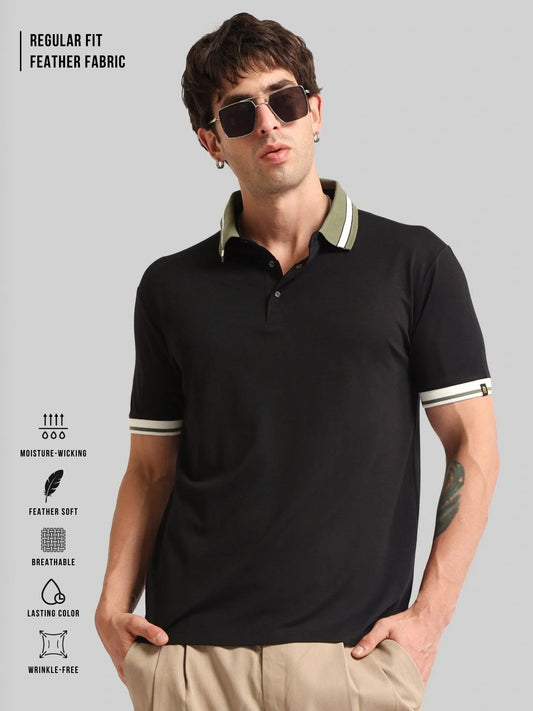 Contrast Collar Black Half Sleeve Polo T-Shirt