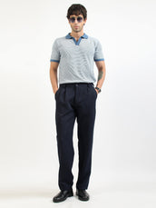 Denim Blue Pixel Stripe Flat-Knit Half Sleeve Polo T-Shirt