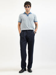 Denim Blue Pixel Stripe Flat-Knit Half Sleeve Polo T-Shirt