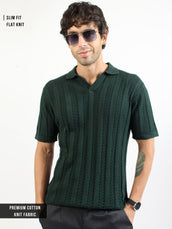Dark Green Evergreen Flat-Knit Half Sleeve Polo T-Shirt