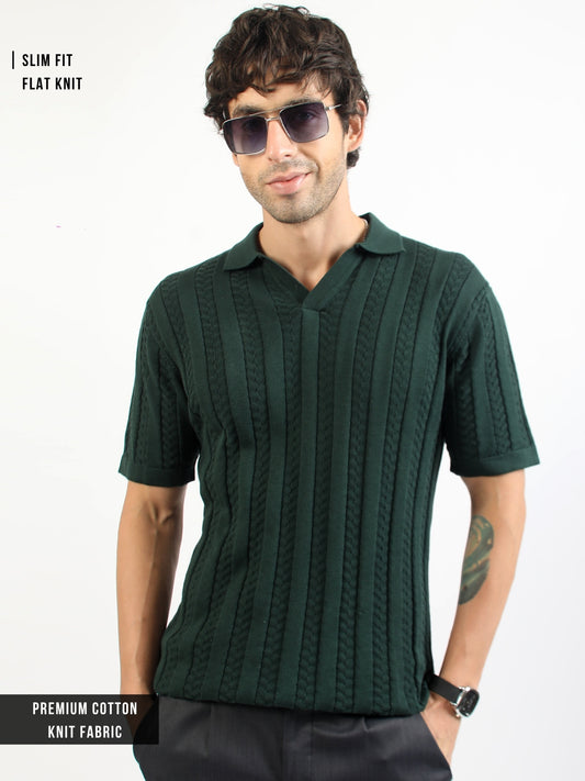 Dark Green Evergreen Flat-Knit Half Sleeve Polo T-Shirt