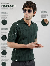 Dark Green Evergreen Flat-Knit Half Sleeve Polo T-Shirt