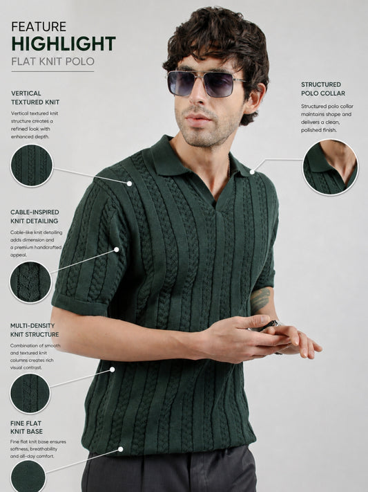Dark Green Evergreen Flat-Knit Half Sleeve Polo T-Shirt