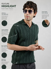 Dark Green Evergreen Flat-Knit Half Sleeve Polo T-Shirt