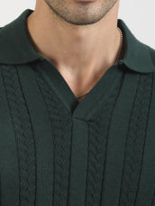 Dark Green Evergreen Flat-Knit Half Sleeve Polo T-Shirt