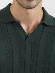 Dark Green Evergreen Flat-Knit Half Sleeve Polo T-Shirt