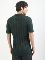 Dark Green Evergreen Flat-Knit Half Sleeve Polo T-Shirt