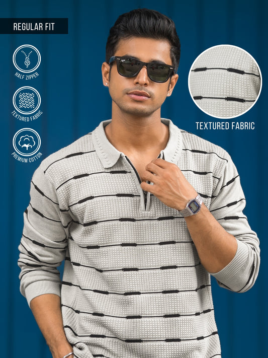 Glitchline Beige Full Sleeve Polo T-Shirt