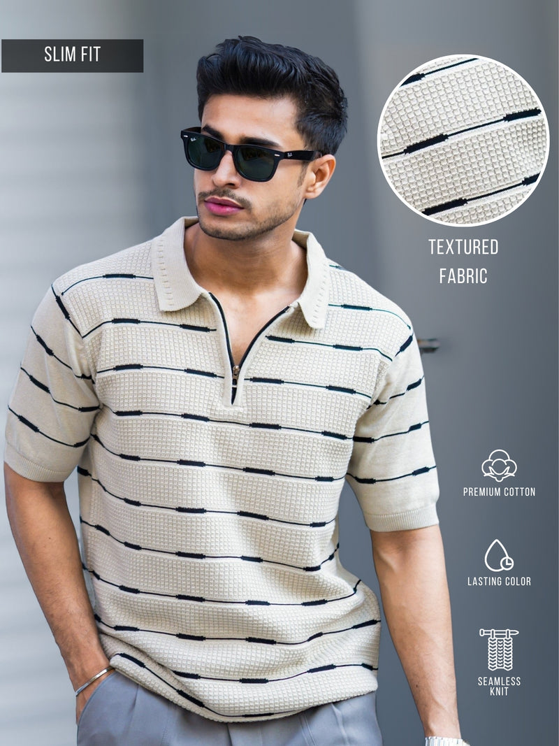 Beige half sleeve glitchline polo t-shirt for men