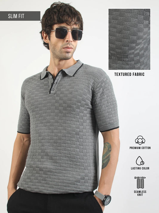 Dark Grey Toasted Waffle Flatknit Cotton Half Sleeve Polo T-Shirt