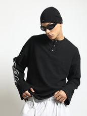 Black Waffle Sleeve Print Full Sleeve T-Shirt