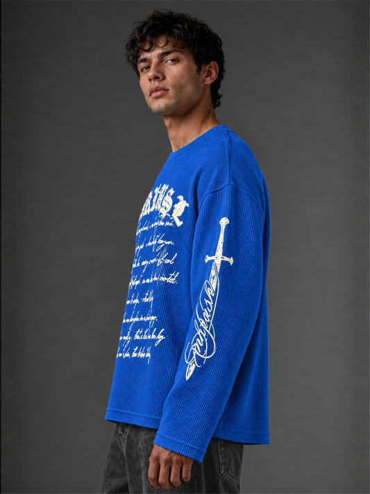 Wordings Royal Blue Waffle Full Sleeve T-Shirt