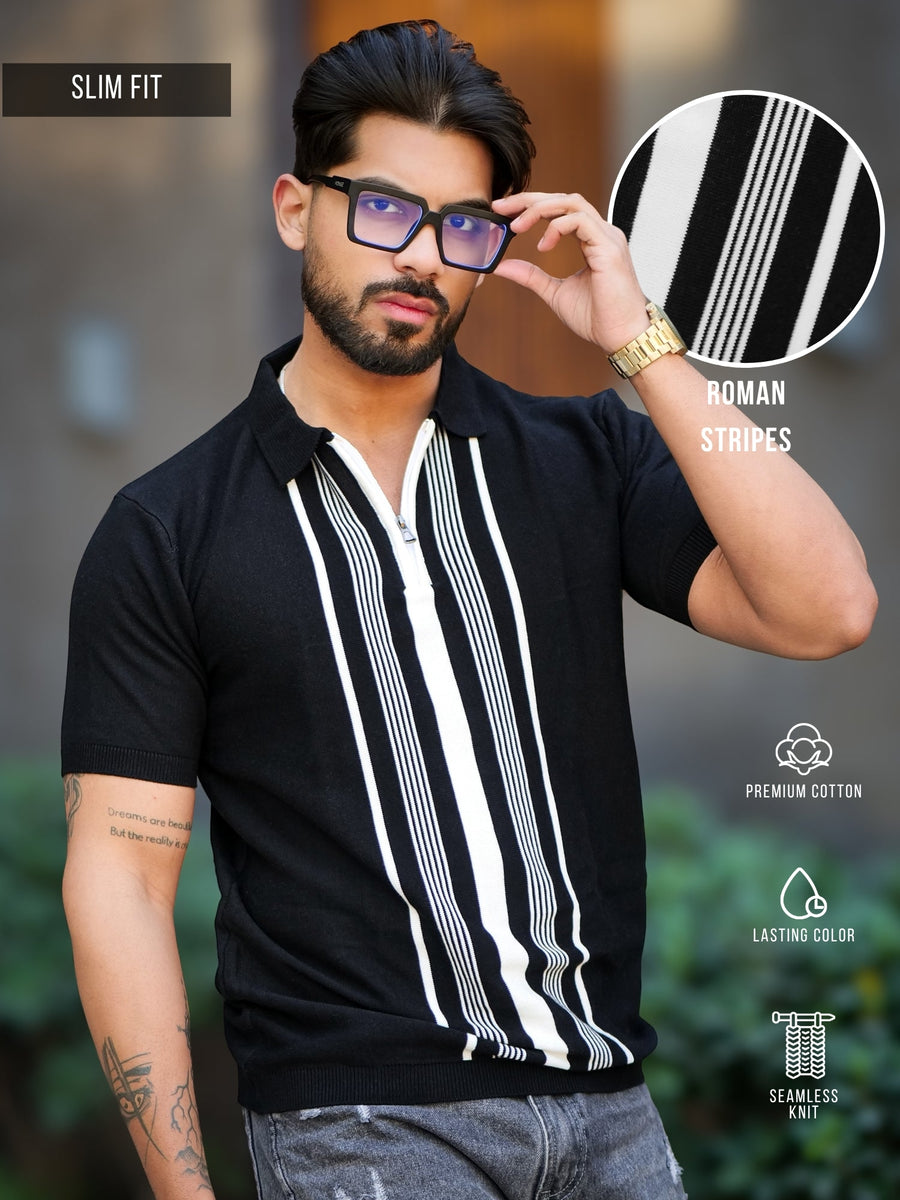 Black half sleeve oldmoney stripe polo t-shirt for men