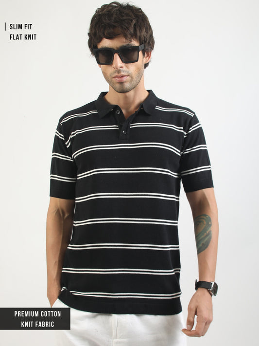 Black Precision Stripe Flat-Knit Half Sleeve Polo T-Shirt