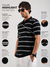 Black Precision Stripe Flat-Knit Half Sleeve Polo T-Shirt