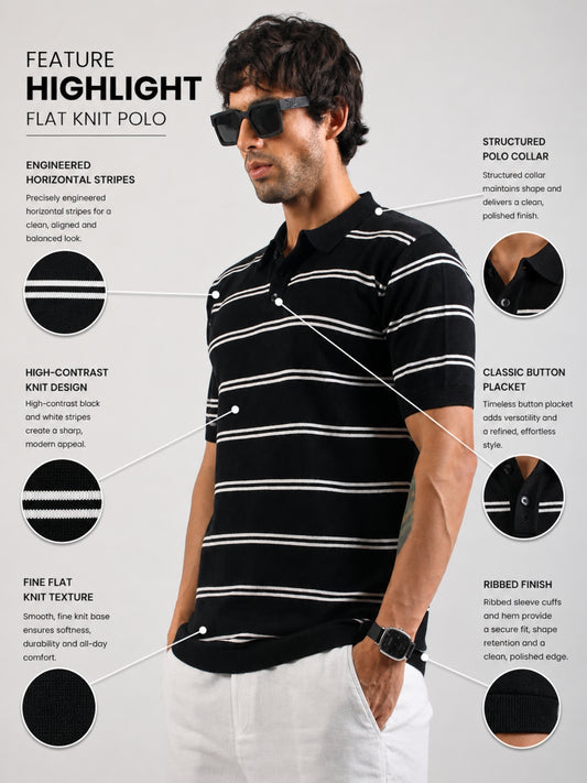 Black Precision Stripe Flat-Knit Half Sleeve Polo T-Shirt