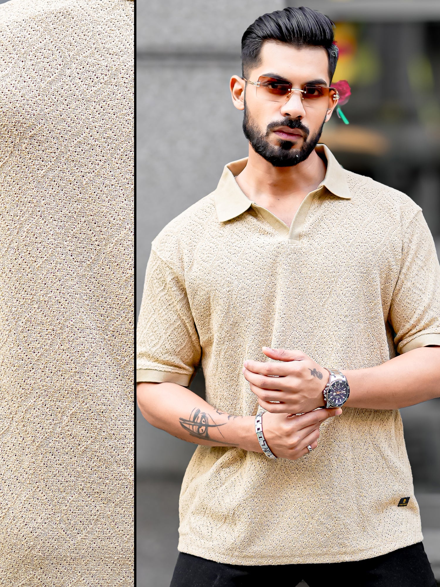 Croshia Knit Beige Polo T-Shirt